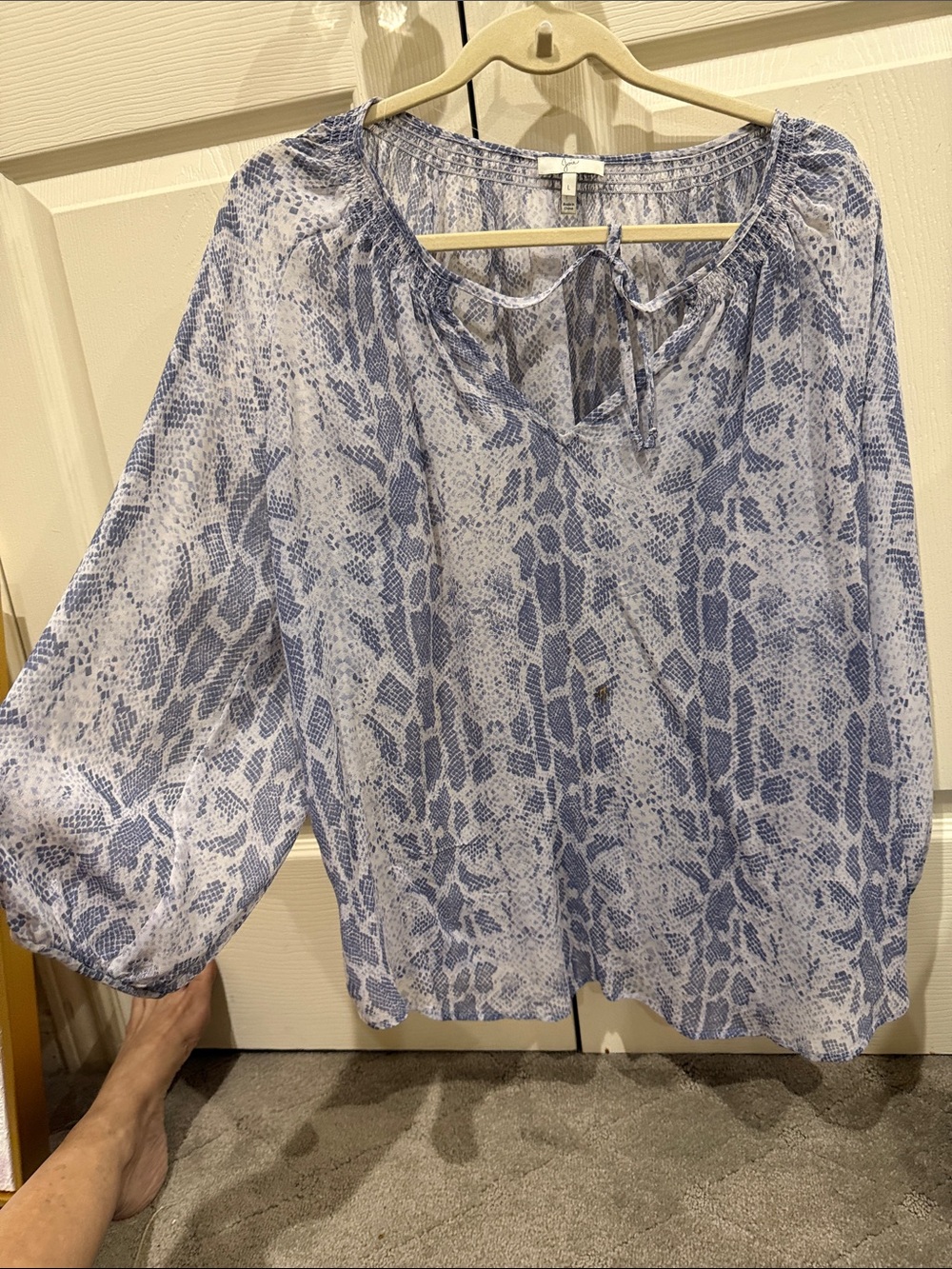 Joie Blue Snake-Print Tie-Neck Blouse